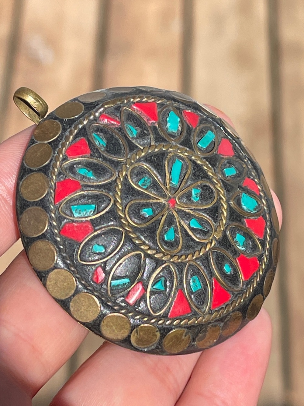 Vintage Brass Stone Inlay Pendant medallion red blue vintage tribal large